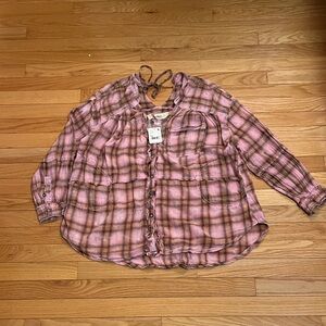 NWT Free People Pink Plaid Button-Up Blouse